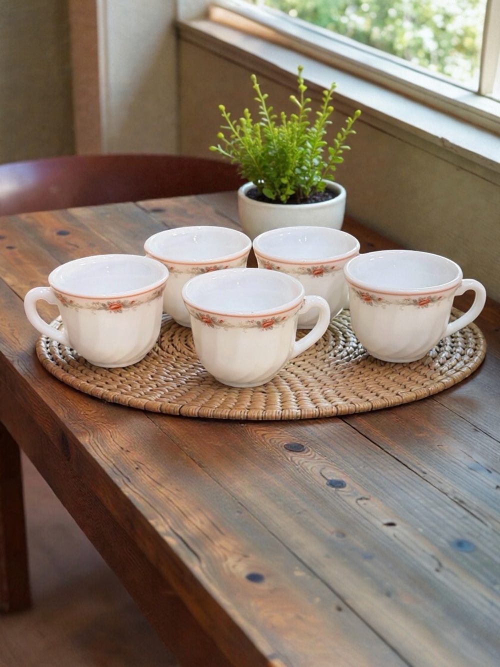 Set of 5 Porgold Rose Floral Milk Glass Coffee Tea Cups Vintage Cottagecore
